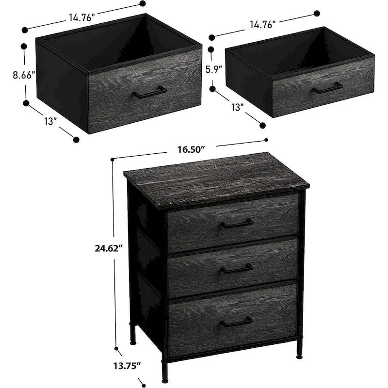 Nightstand 3-Drawer Shelf Storage - Bedside Furniture End Table Chest
