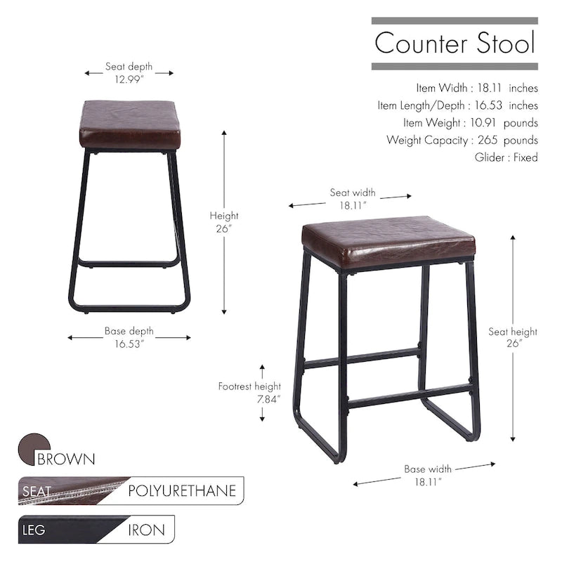 Porthos Home Selma Counter Stools Set of 2, PU Leather, Iron Legs