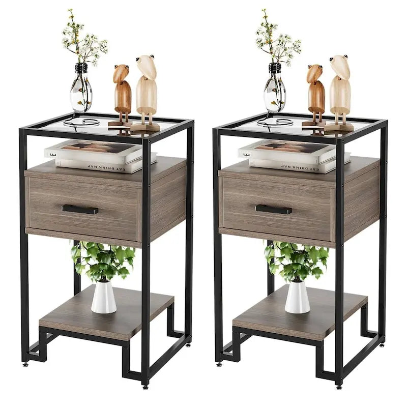 Set of 2 Modern End Table with Storage Drawer