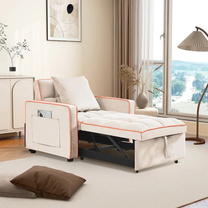 Velvet Convertible Single Sofa Chair Bed With Adjustable Backrest And Storage Pocket