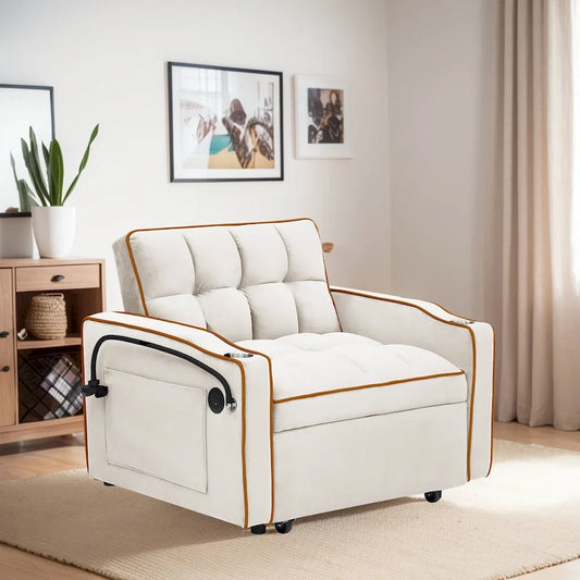 Velvet Convertible Single Sofa Chair Bed With Adjustable Backrest And Storage Pocket