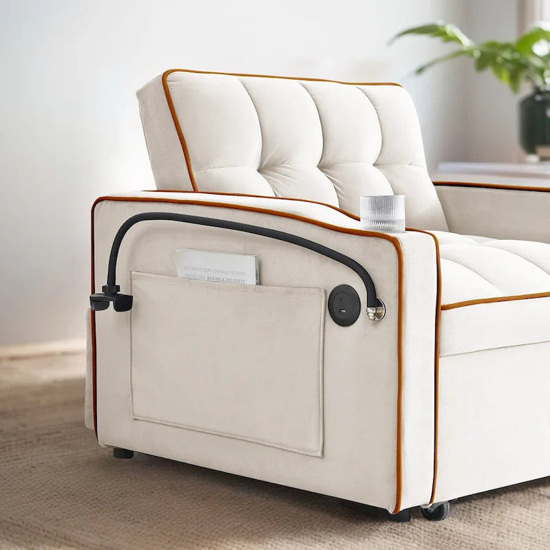 Velvet Convertible Single Sofa Chair Bed With Adjustable Backrest And Storage Pocket