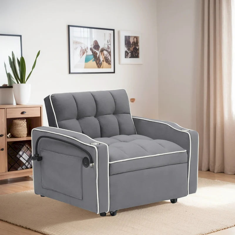 Velvet Convertible Single Sofa Chair Bed With Adjustable Backrest And Storage Pocket
