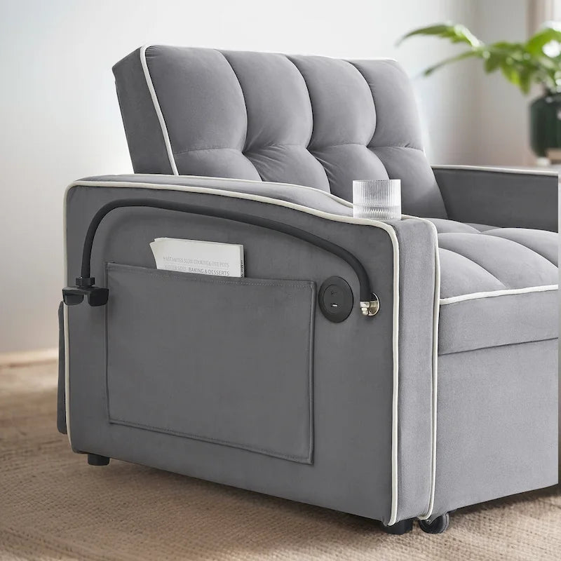 Velvet Convertible Single Sofa Chair Bed With Adjustable Backrest And Storage Pocket