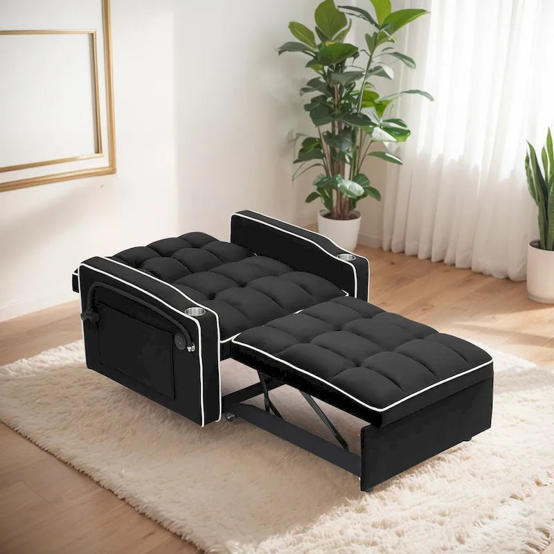 Velvet Convertible Single Sofa Chair Bed With Adjustable Backrest And Storage Pocket