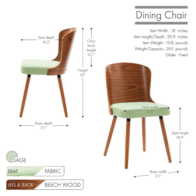 Porthos Home Karr Armless Dining Chairs Set of 2, Beech Wood Back &amp; Legs