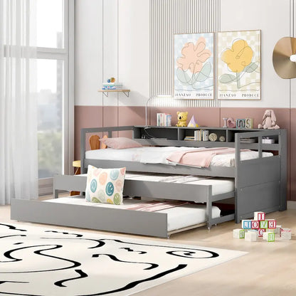 Twin XL Wood Daybed with 2 Trundles and USB Charging Design