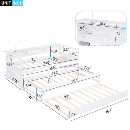 Twin XL Wood Daybed with 2 Trundles and USB Charging Design