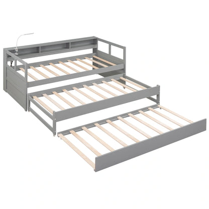 Twin XL Wood Daybed with 2 Trundles and USB Charging Design