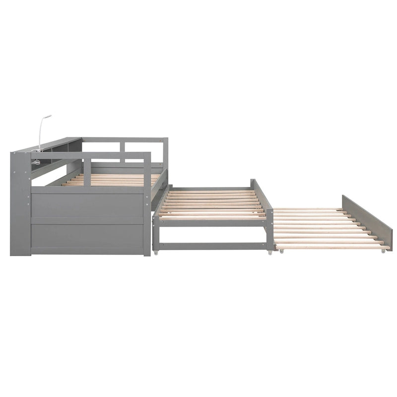 Twin XL Wood Daybed with 2 Trundles and USB Charging Design