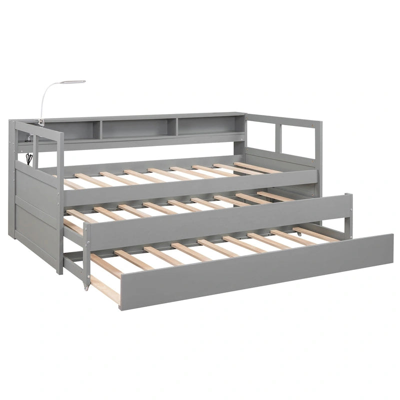 Twin XL Wood Daybed with 2 Trundles and USB Charging Design