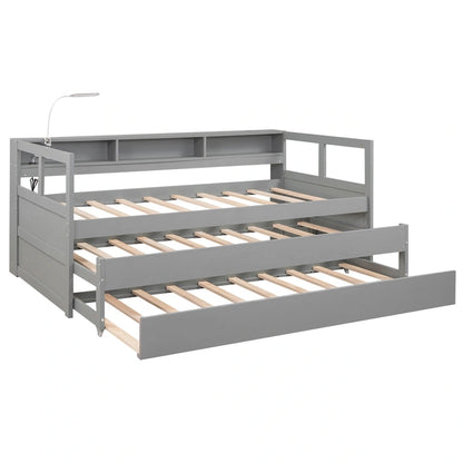 Twin XL Wood Daybed with 2 Trundles and USB Charging Design