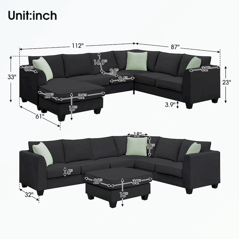 Modular Sectional Sofa with Ottoman and 3 Pillows