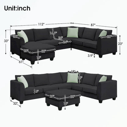 Modular Sectional Sofa with Ottoman and 3 Pillows