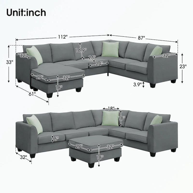 Modular Sectional Sofa with Ottoman and 3 Pillows