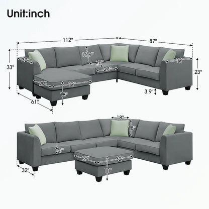 Modular Sectional Sofa with Ottoman and 3 Pillows