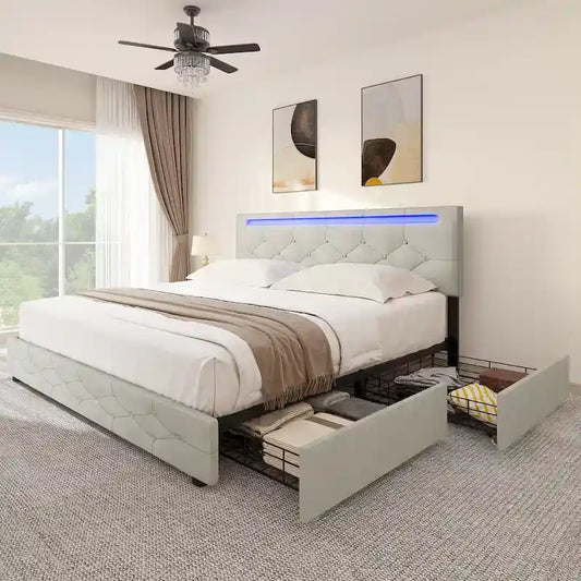 Adjustable Upholstered Headboard Platform Bed with LED light and USB Charging