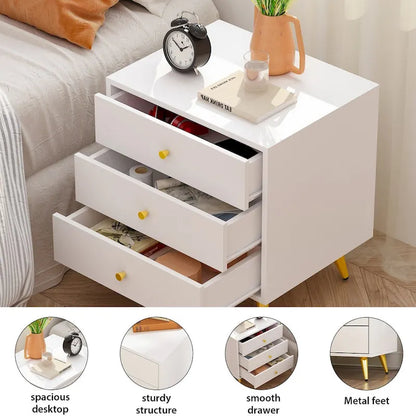 Nightstand Bedside Table 3-Drawer with Metal Legs End Table White