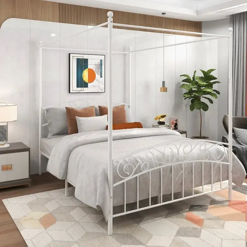 Metal Canopy Bed Frame with Ornate European Style Headboard &amp; Footboard Sturdy Steel Fits Your Mattress Easy DIY