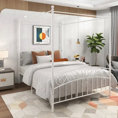 Metal Canopy Bed Frame with Ornate European Style Headboard &amp; Footboard Sturdy Steel Fits Your Mattress Easy DIY