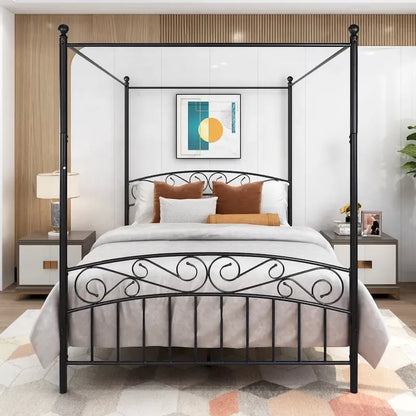 Metal Canopy Bed Frame with Ornate European Style Headboard &amp; Footboard Sturdy Steel Fits Your Mattress Easy DIY