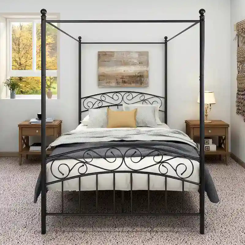 Metal Canopy Bed Frame with Ornate European Style Headboard &amp; Footboard Sturdy Steel Fits Your Mattress Easy DIY