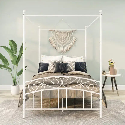 Metal Canopy Bed Frame with Ornate European Style Headboard &amp; Footboard Sturdy Steel Fits Your Mattress Easy DIY