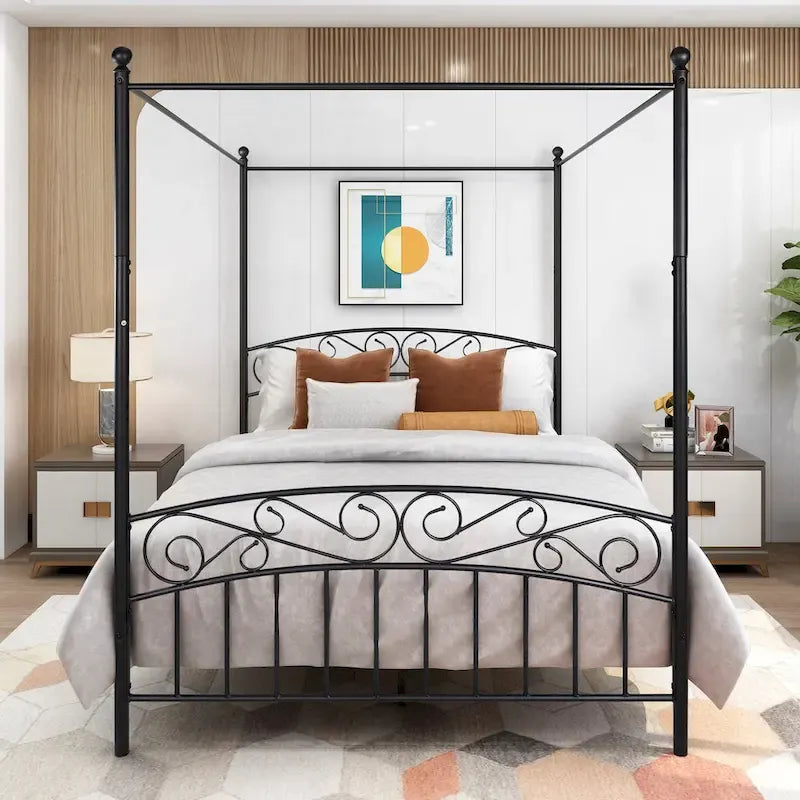 Metal Canopy Bed Frame with Ornate European Style Headboard &amp; Footboard Sturdy Steel Fits Your Mattress Easy DIY