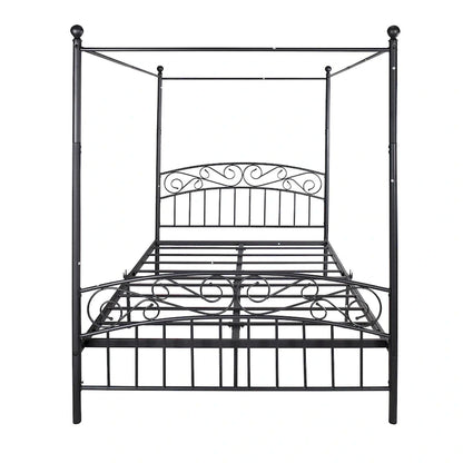 Metal Canopy Bed Frame with Ornate European Style Headboard &amp; Footboard Sturdy Steel Fits Your Mattress Easy DIY