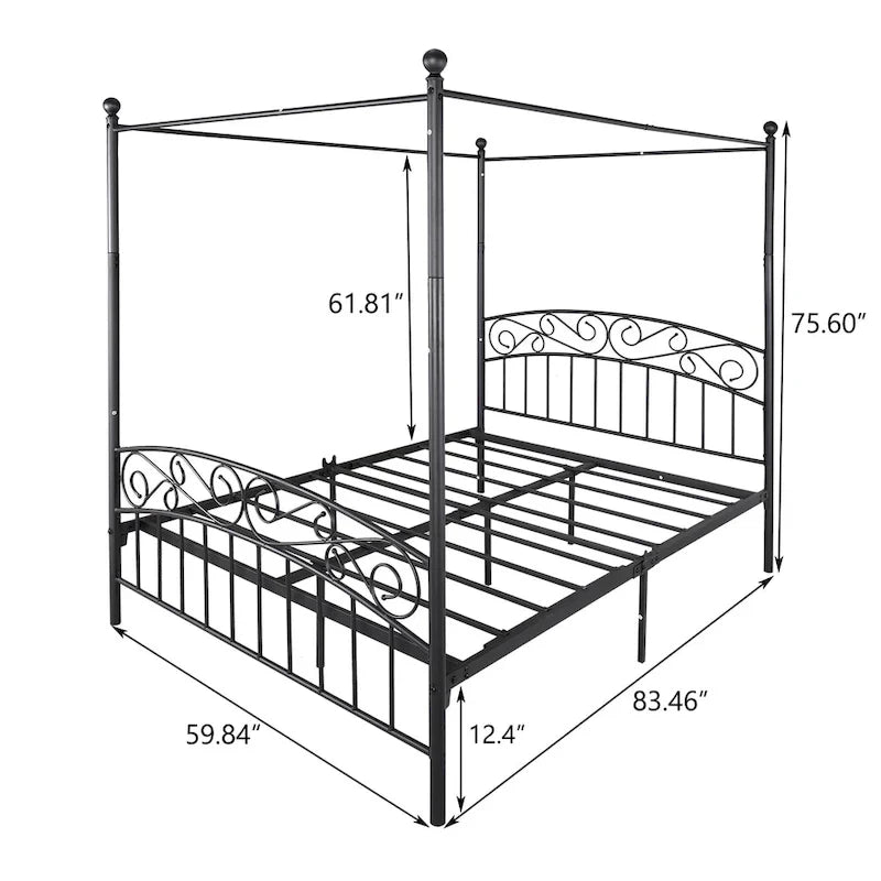 Metal Canopy Bed Frame with Ornate European Style Headboard &amp; Footboard Sturdy Steel Fits Your Mattress Easy DIY