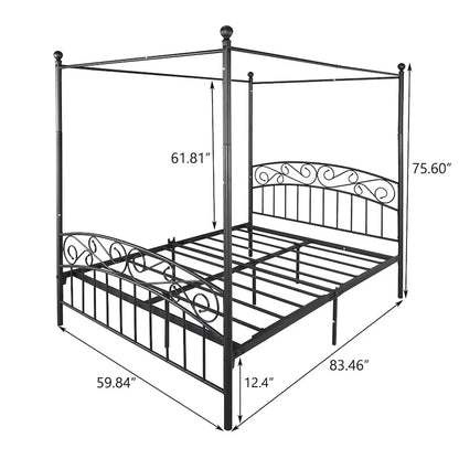 Metal Canopy Bed Frame with Ornate European Style Headboard &amp; Footboard Sturdy Steel Fits Your Mattress Easy DIY