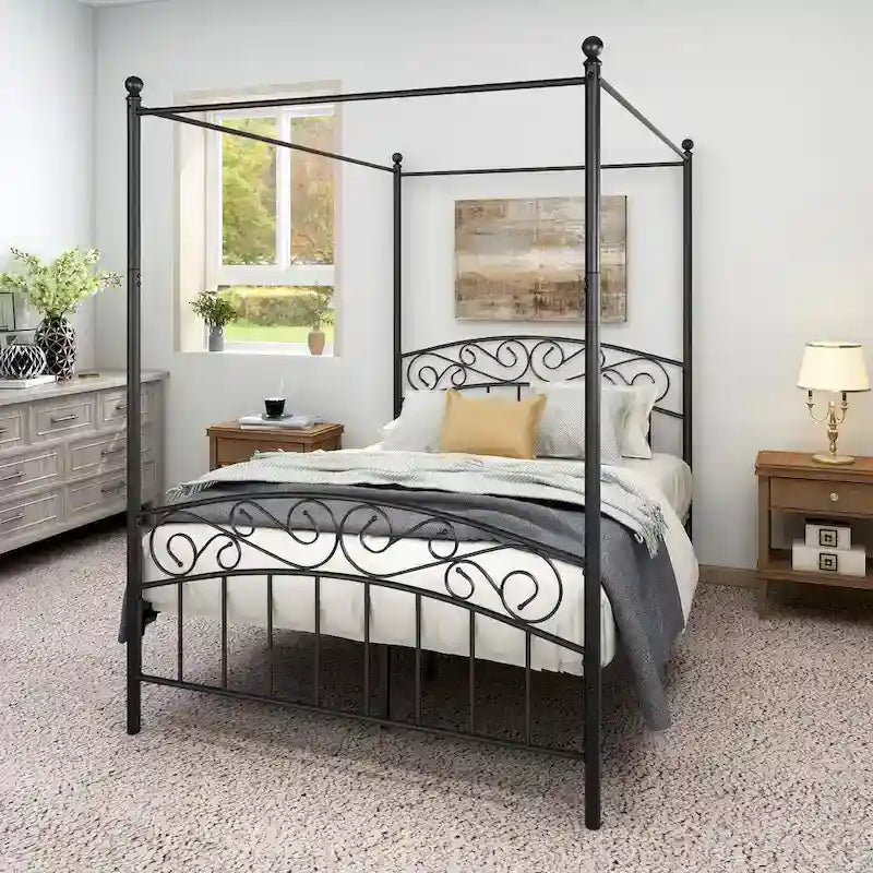 Metal Canopy Bed Frame with Ornate European Style Headboard &amp; Footboard Sturdy Steel Fits Your Mattress Easy DIY