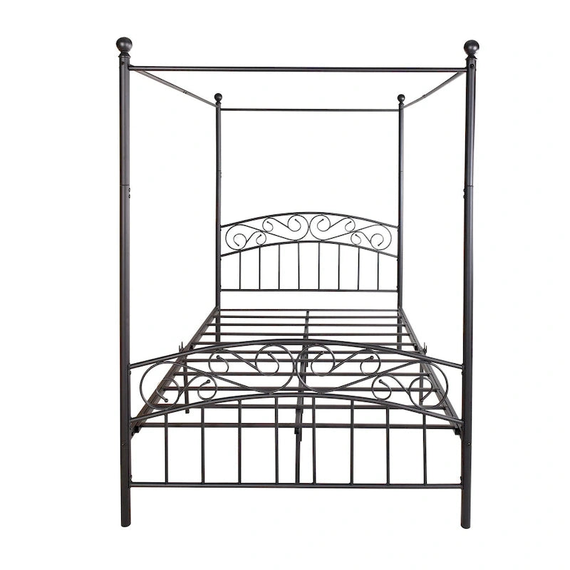 Metal Canopy Bed Frame with Ornate European Style Headboard &amp; Footboard Sturdy Steel Fits Your Mattress Easy DIY