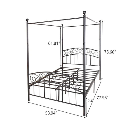 Metal Canopy Bed Frame with Ornate European Style Headboard &amp; Footboard Sturdy Steel Fits Your Mattress Easy DIY