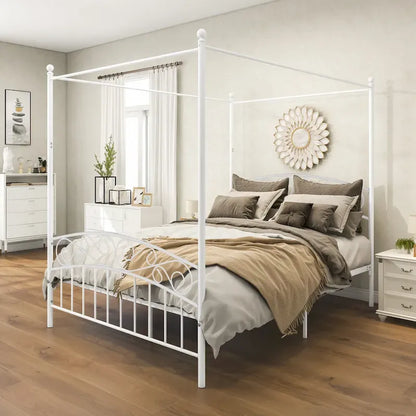 Metal Canopy Bed Frame with Ornate European Style Headboard &amp; Footboard Sturdy Steel Fits Your Mattress Easy DIY