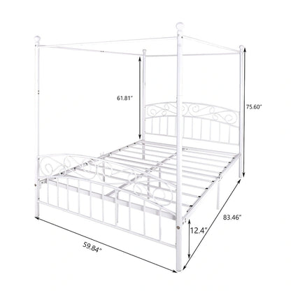 Metal Canopy Bed Frame with Ornate European Style Headboard &amp; Footboard Sturdy Steel Fits Your Mattress Easy DIY