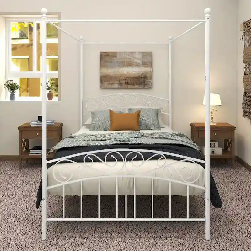 Metal Canopy Bed Frame with Ornate European Style Headboard &amp; Footboard Sturdy Steel Fits Your Mattress Easy DIY