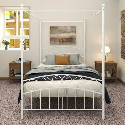Metal Canopy Bed Frame with Ornate European Style Headboard &amp; Footboard Sturdy Steel Fits Your Mattress Easy DIY