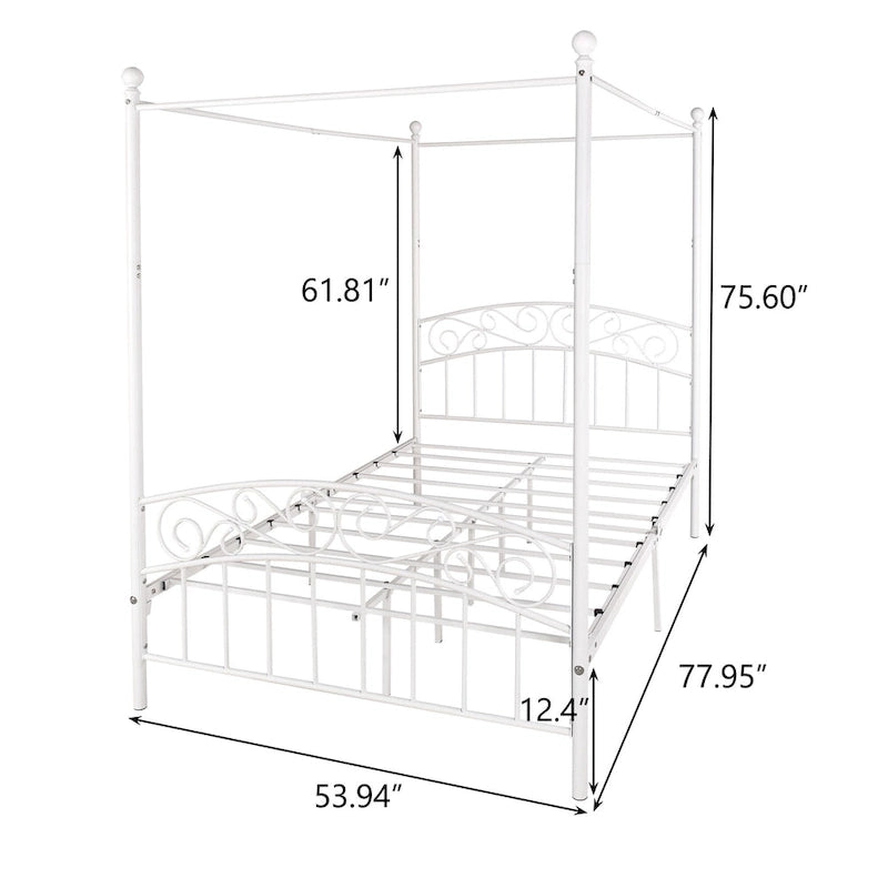Metal Canopy Bed Frame with Ornate European Style Headboard &amp; Footboard Sturdy Steel Fits Your Mattress Easy DIY