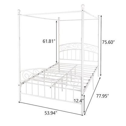 Metal Canopy Bed Frame with Ornate European Style Headboard &amp; Footboard Sturdy Steel Fits Your Mattress Easy DIY
