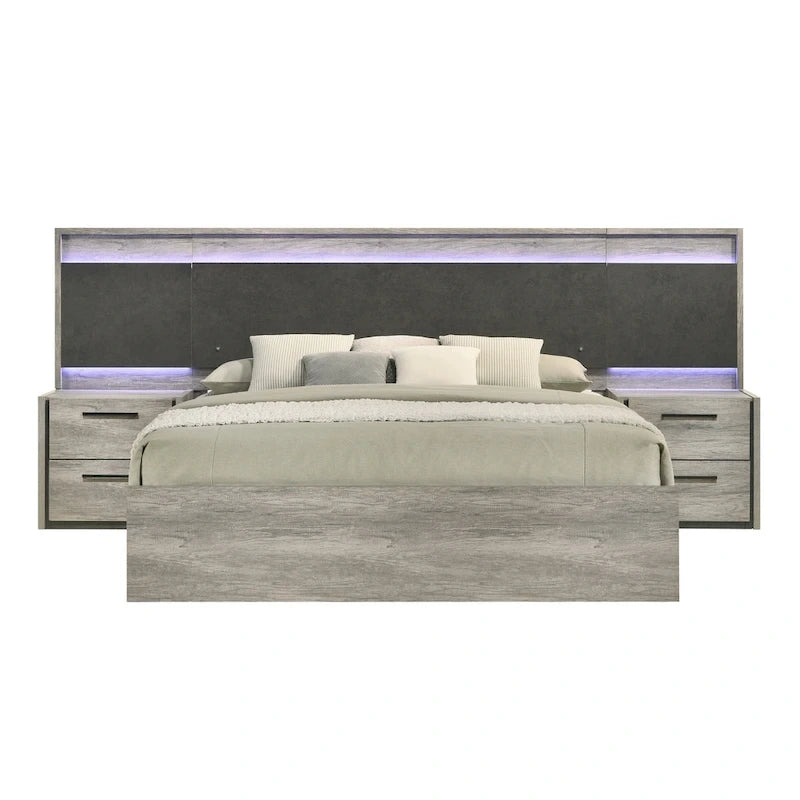 Roundhill Furniture Lenca LED Wallbed with Nightstands - Weathered Gray