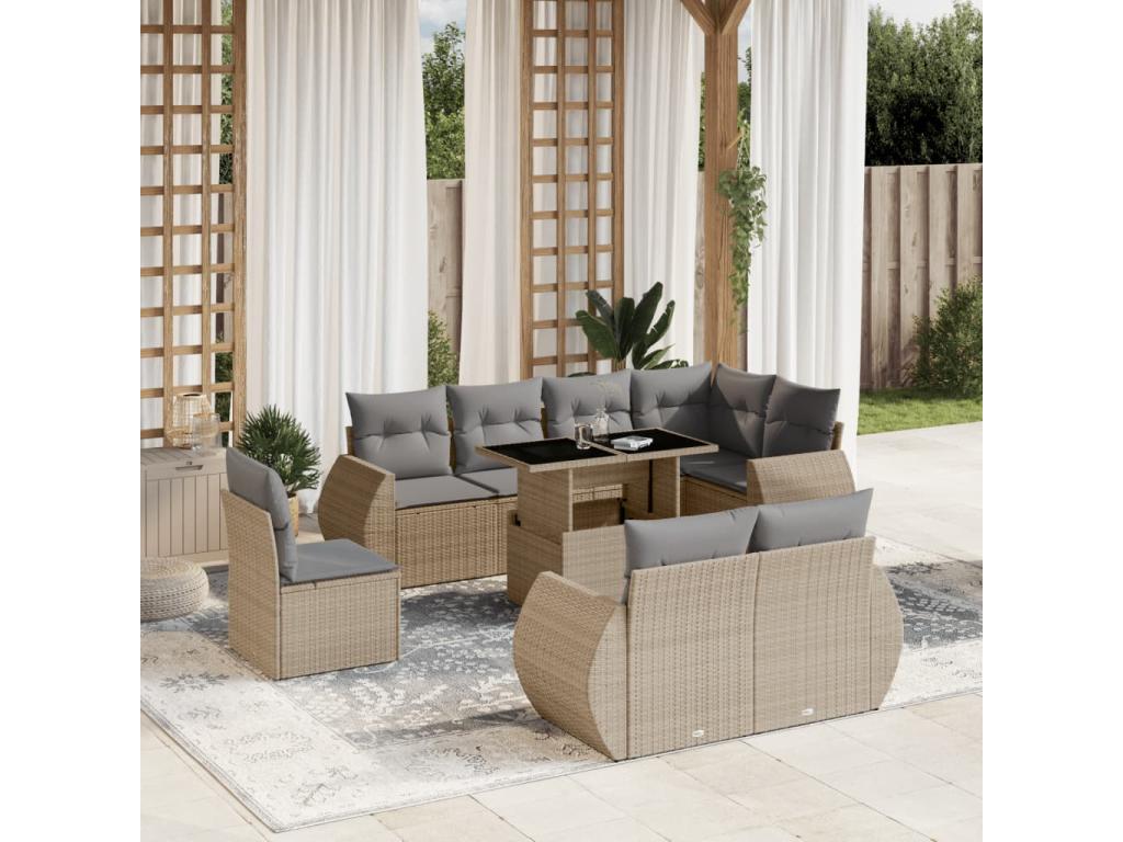 9-piece garden furniture set with cushions, beige wicker resin, 70300CCTV