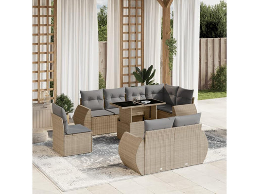 9-piece garden furniture set with cushions, beige wicker resin, 70300CCTV