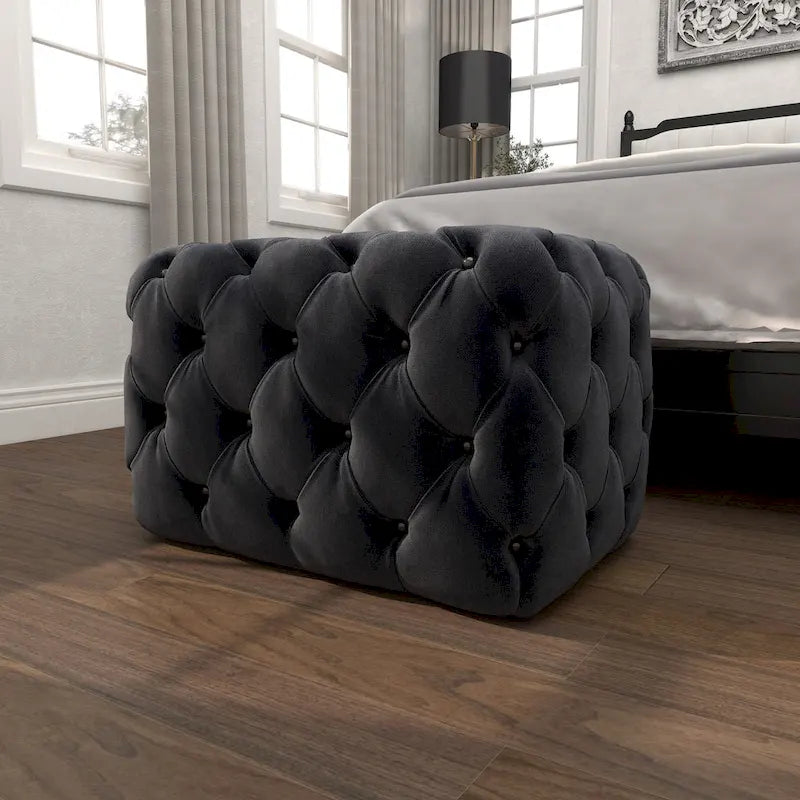 Black Tan or Gray Wood Tufted Fabric Modern Glam Ottoman Bench
