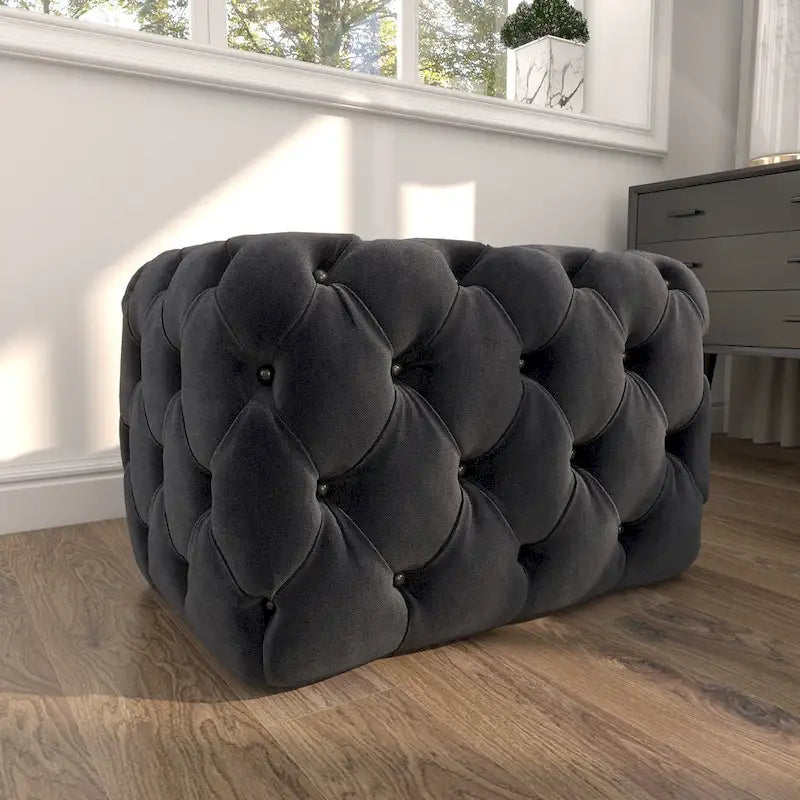 Black Tan or Gray Wood Tufted Fabric Modern Glam Ottoman Bench
