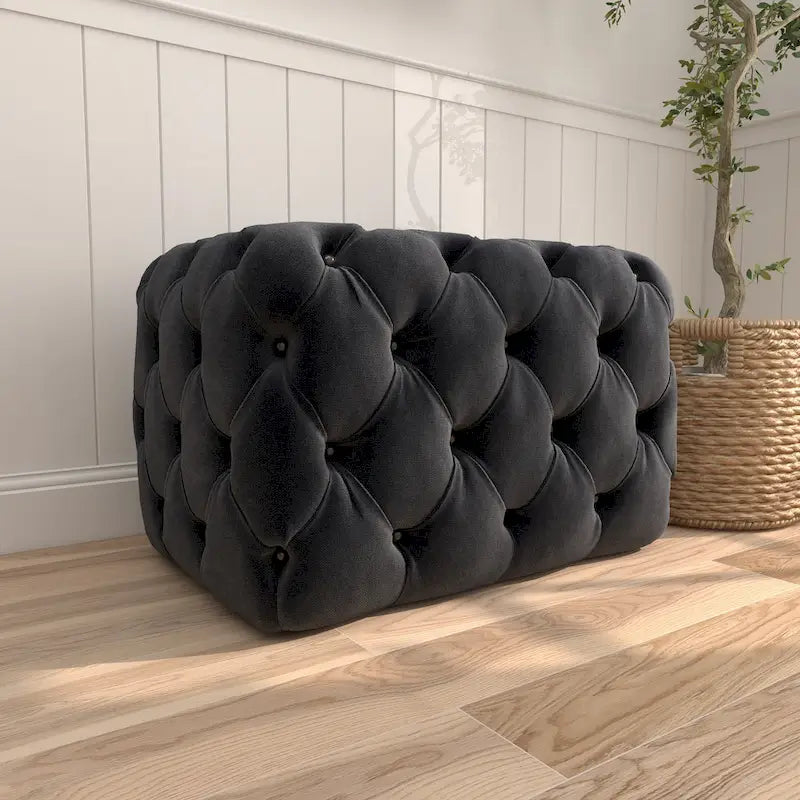 Black Tan or Gray Wood Tufted Fabric Modern Glam Ottoman Bench