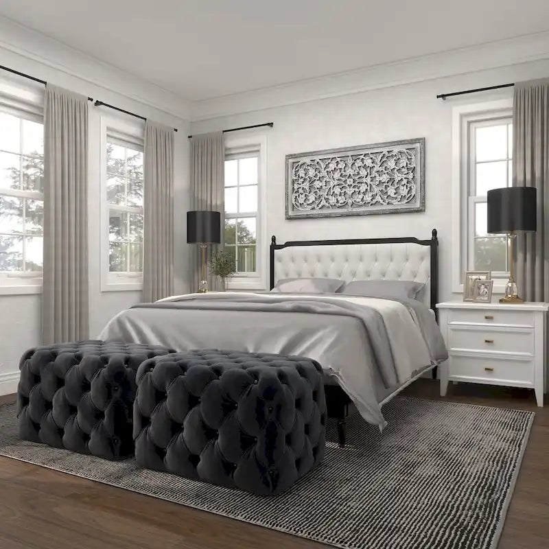 Black Tan or Gray Wood Tufted Fabric Modern Glam Ottoman Bench