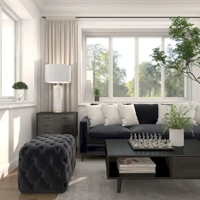 Black Tan or Gray Wood Tufted Fabric Modern Glam Ottoman Bench