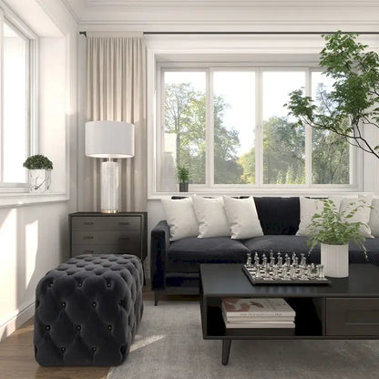 Black Tan or Gray Wood Tufted Fabric Modern Glam Ottoman Bench