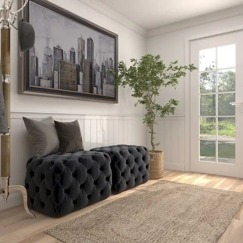 Black Tan or Gray Wood Tufted Fabric Modern Glam Ottoman Bench